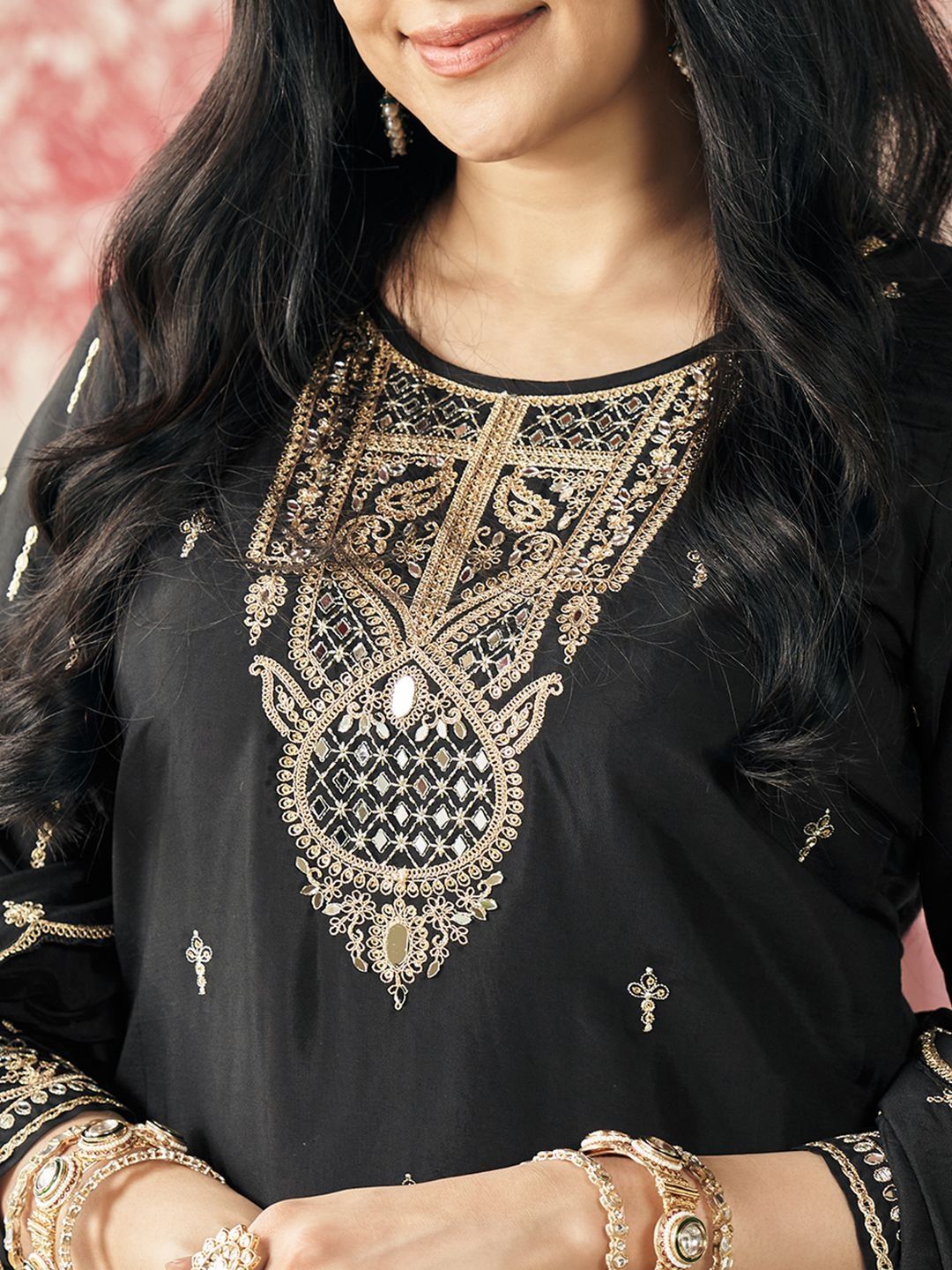 Dhiyona CH Floral Embroidered Straight Sequinned Kurta With Dhoti Pants & Dupatta