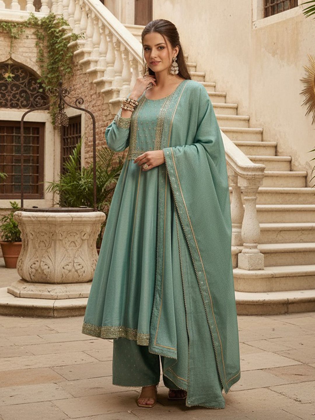 Dhiyona KL Ethnic Motifs Embroidered Panelled Kurta with Palazzos & With Dupatta
