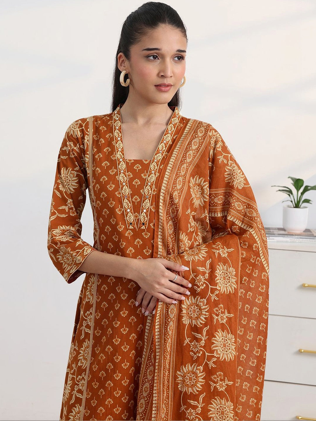 Libas Rust Floral Print A-Line Suit Set with Dupatta