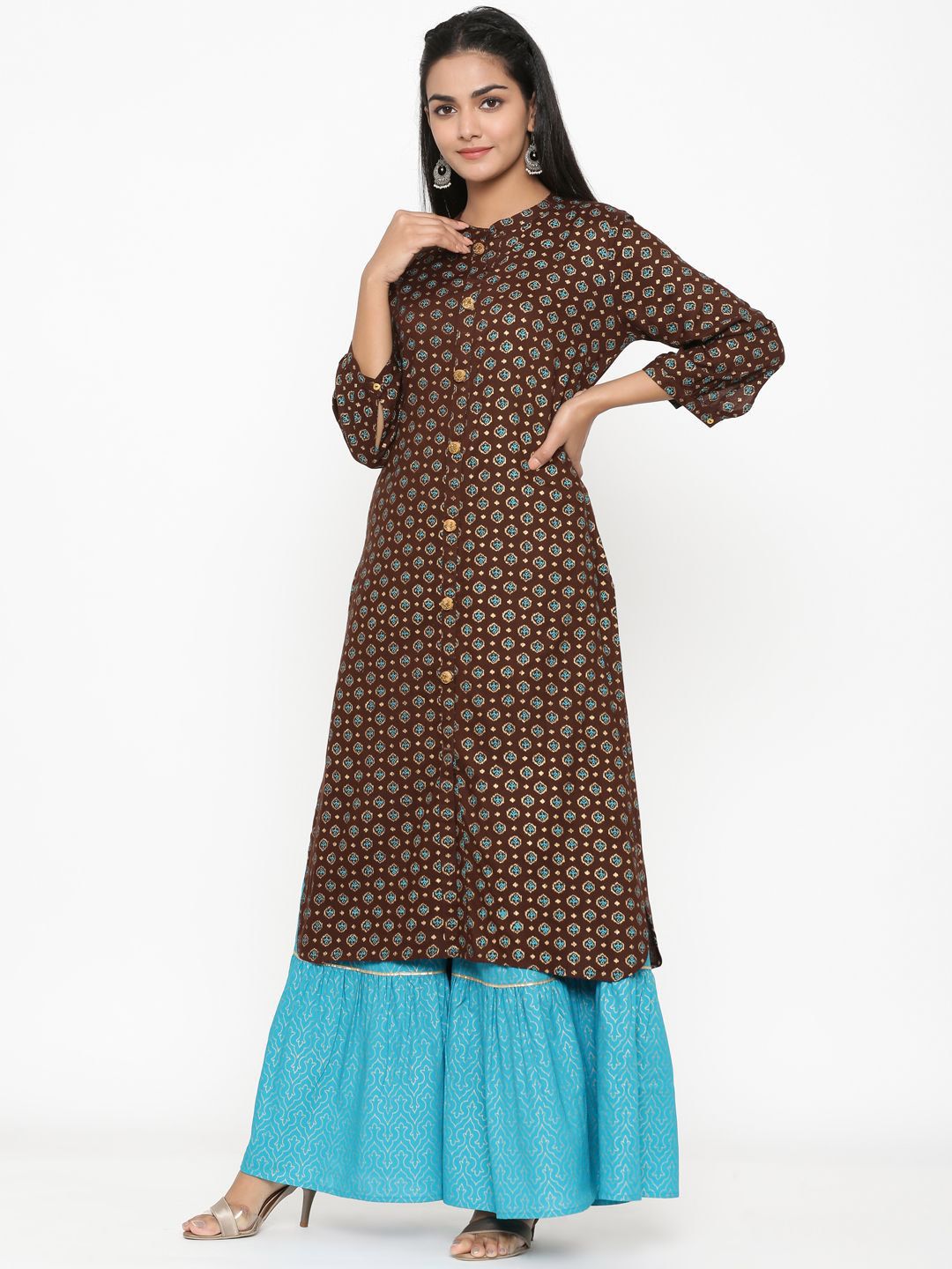 Dhiyona AN Brown Floral Printed Straight Kurta with Sharara