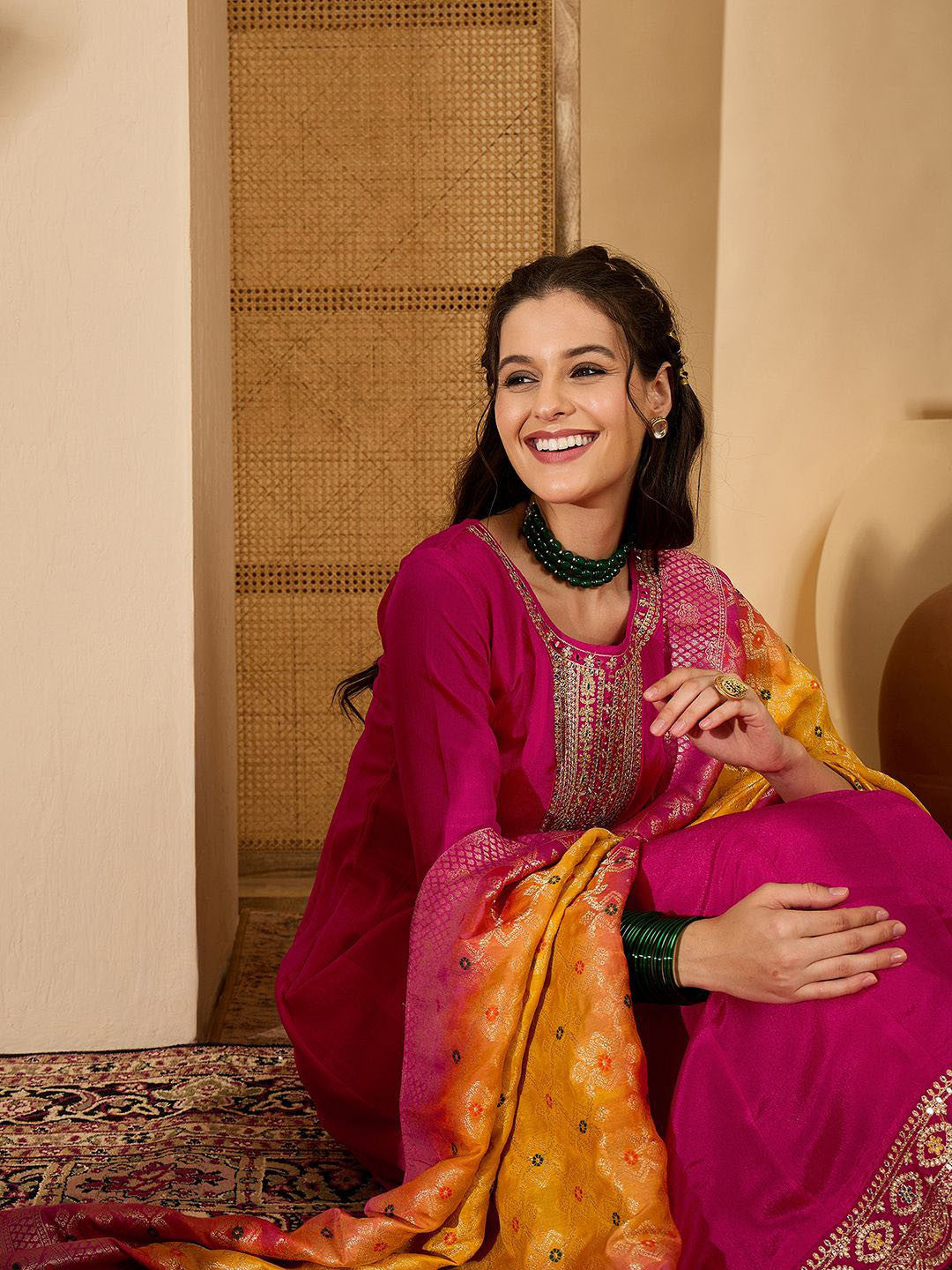 Women Floral Embroidered A-Line Kurta with Trousers & Dupatta
