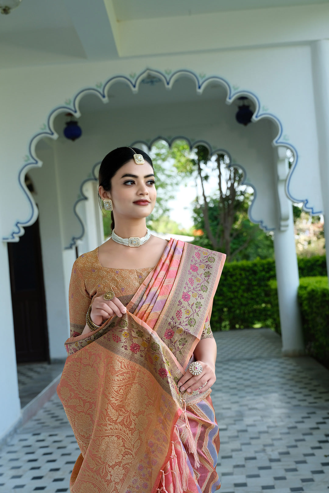 Dhiyona GR Women's Rangkat Salmon Pink Leheriya Design Banarasi Organza Saree