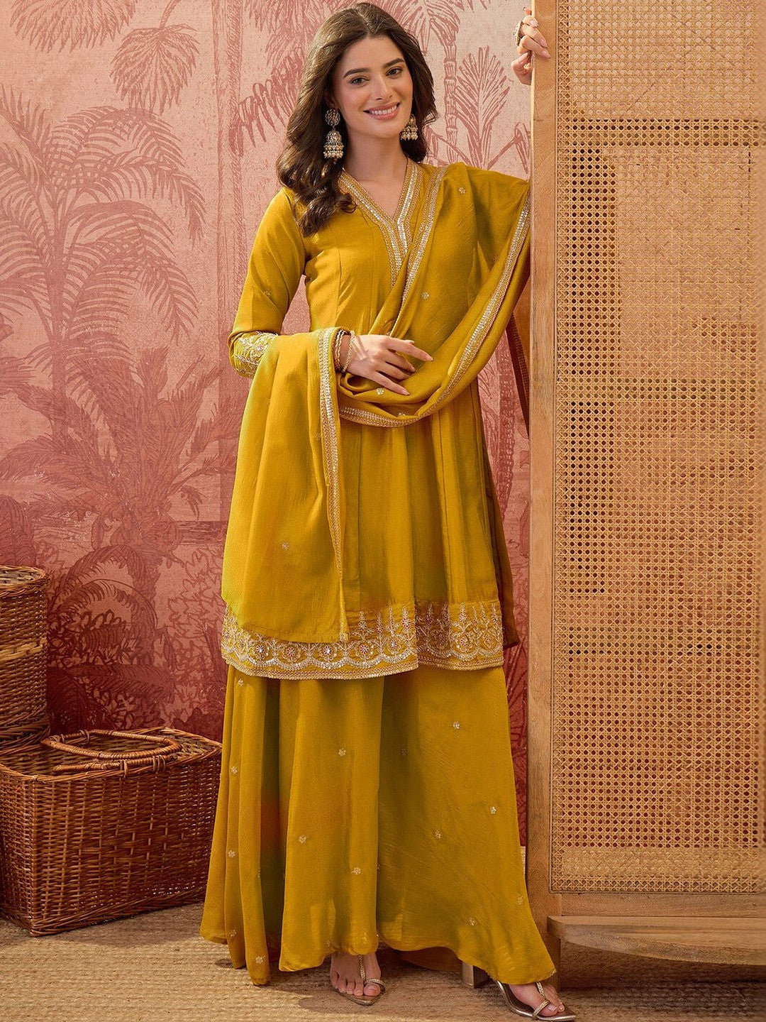 Embroidered V-Neck Kurta & Sharara With Dupatta