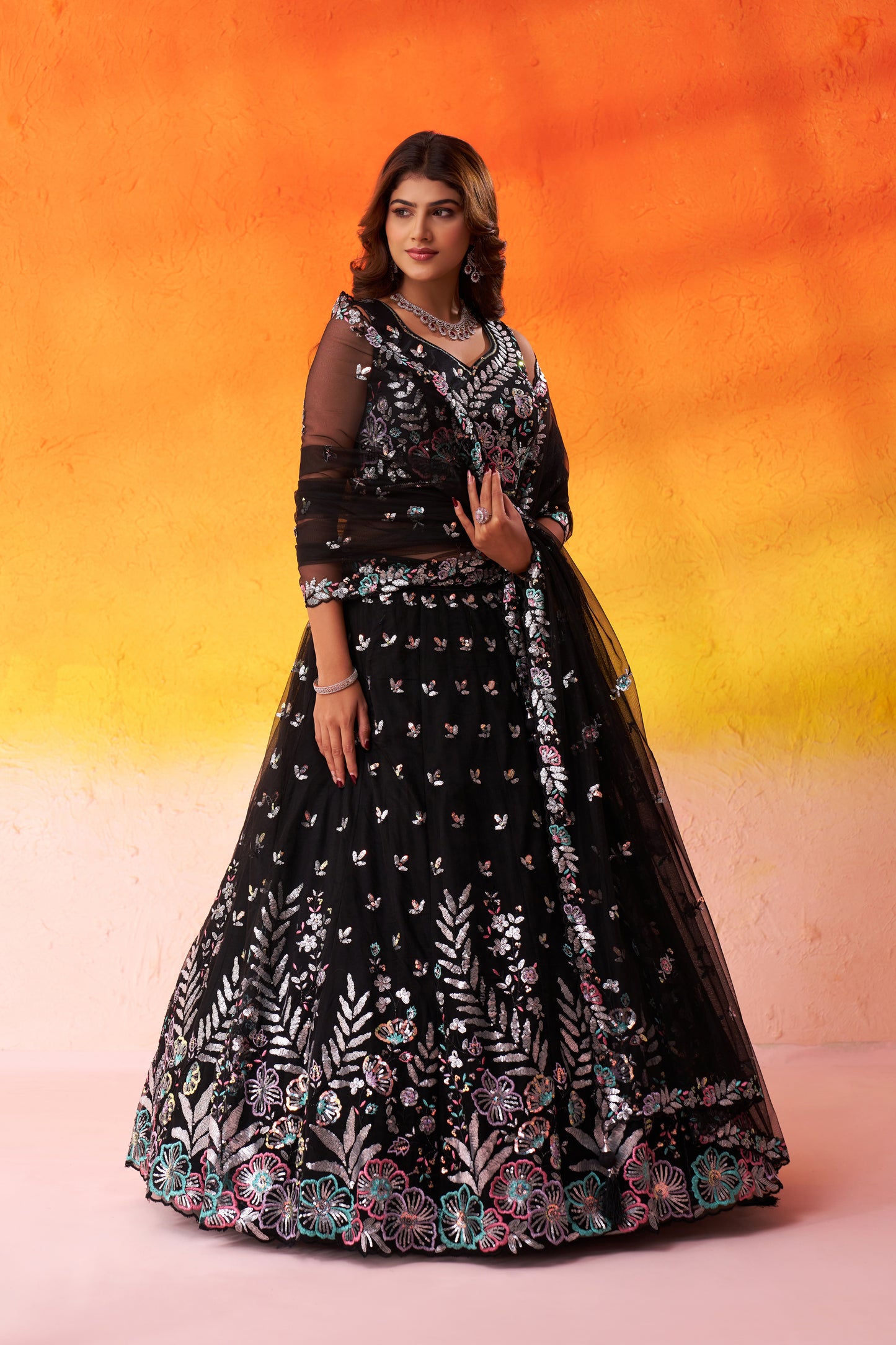 BLACK-Net Fabric Sequins Thread & Embroidery Semi-Stitched Lehenga & Unstitched Blouse With Dupatta