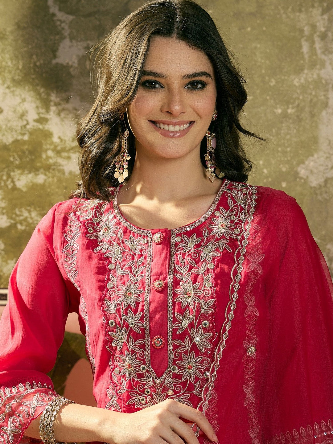 Embroidered Round-Neck Kurta Trousers & Dupatta