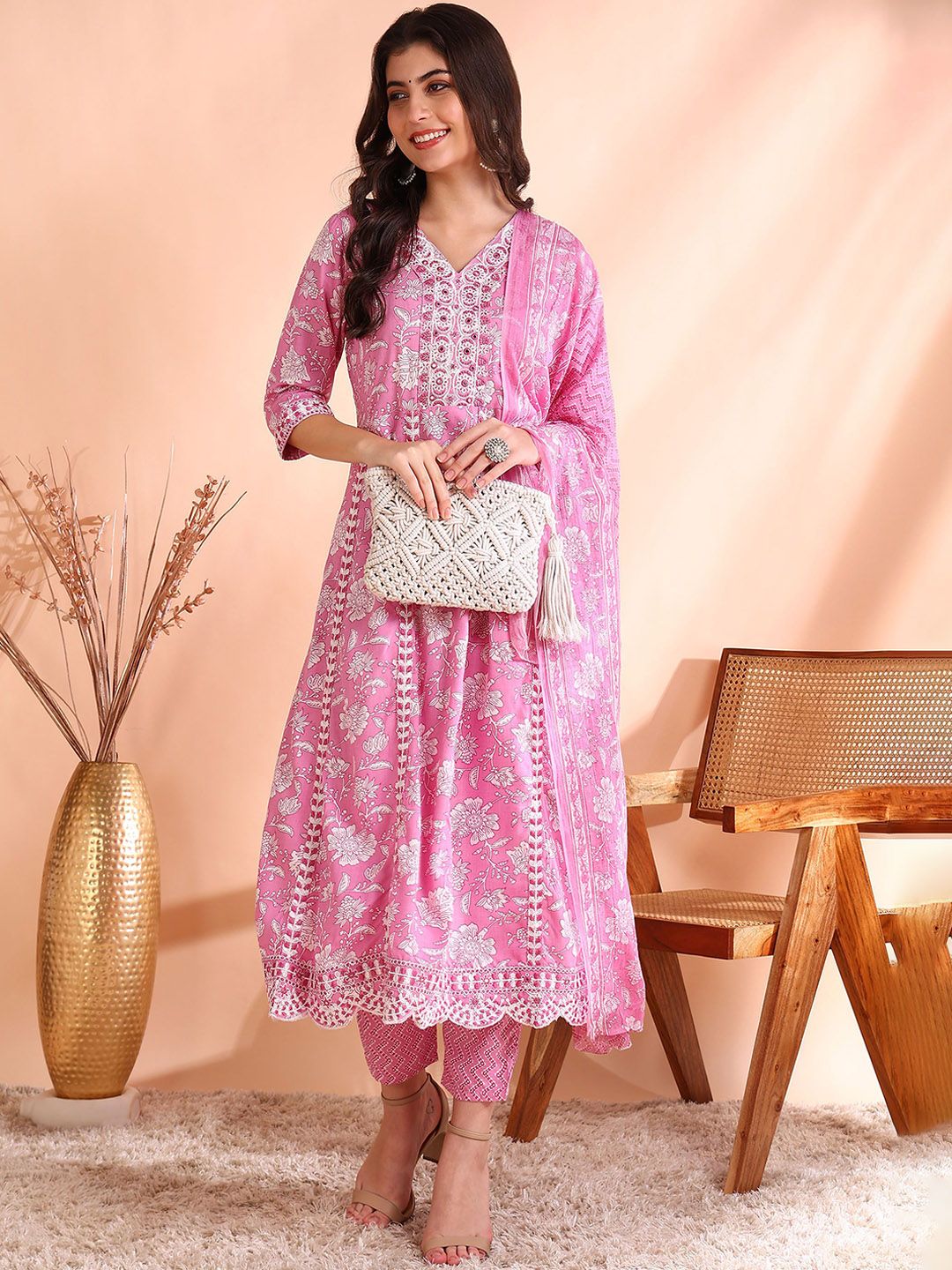 Dhiyona OD Thread Work Pure Cotton Anarkali Kurta with Trousers & Dupatta