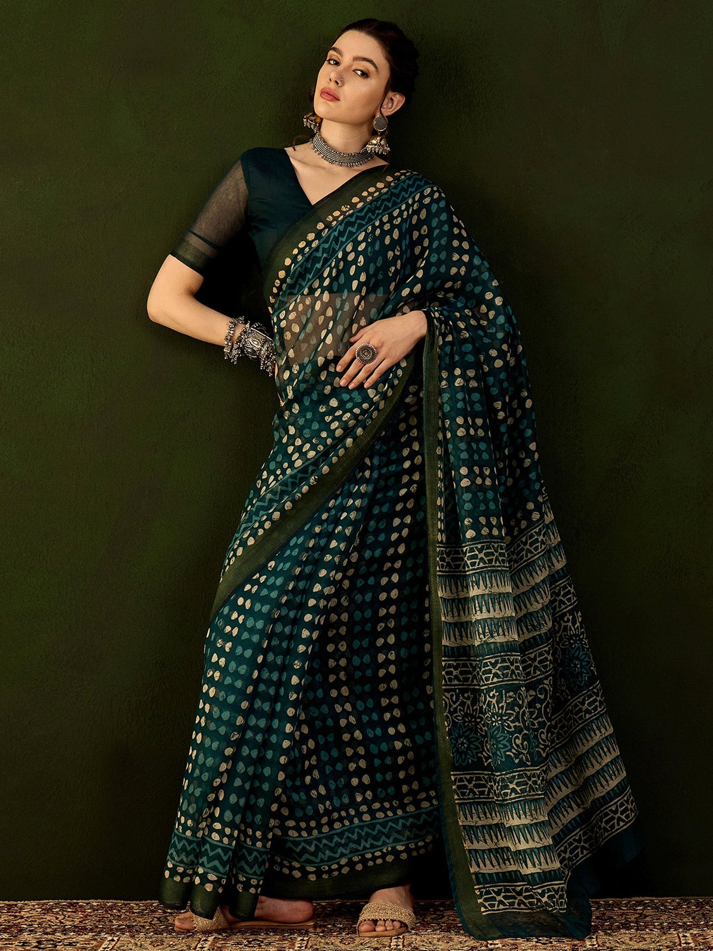 Women's Cotton Linen Teal blue Printed Designer Saree With Blouse Piece