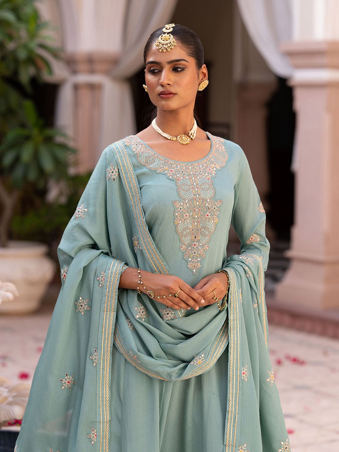 Dhiyona CH Floral Embroidered Mirror Work Chinon Anarkali Kurta With Trousers & Dupatta