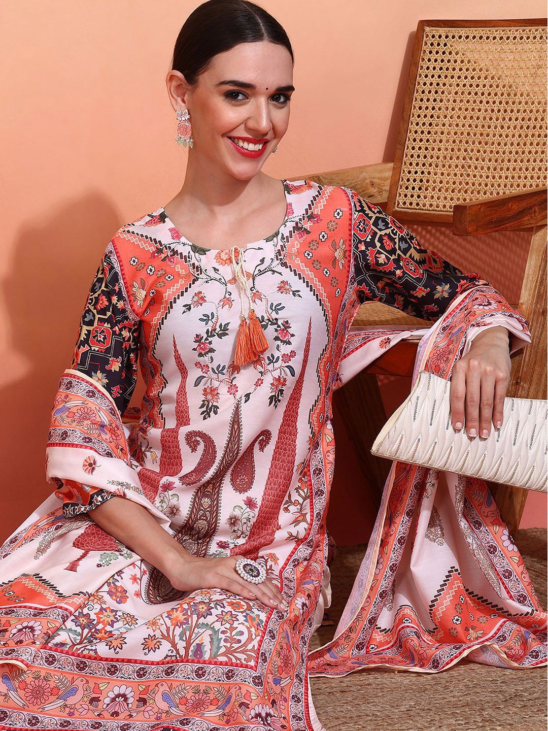 Dhiyona IS Women's Ethnic Motifs Printed Tie-Up Neck Straight Kurta With Trousers & Dupatta