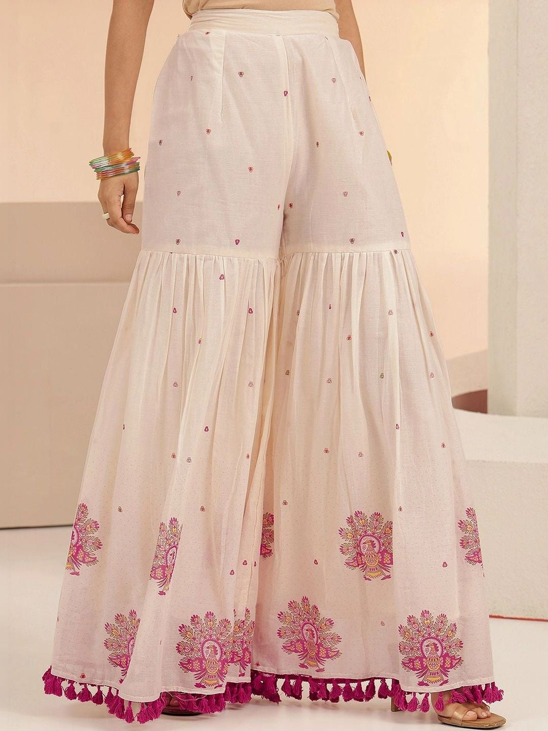 Off White Printed Cotton Sharara Suit Set with Tassel Details