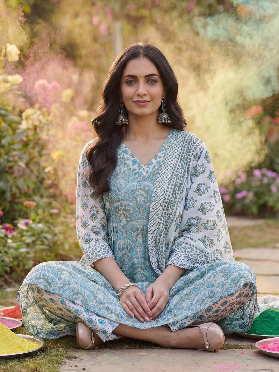 Women Ethnic Motifs Printed Regular Pure Cotton Kurta with Trousers & With Dupatta