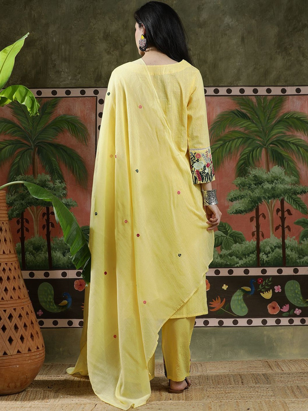 Embroidered Pure Cotton V-Neck Kurta & Trousers Kurta Sets