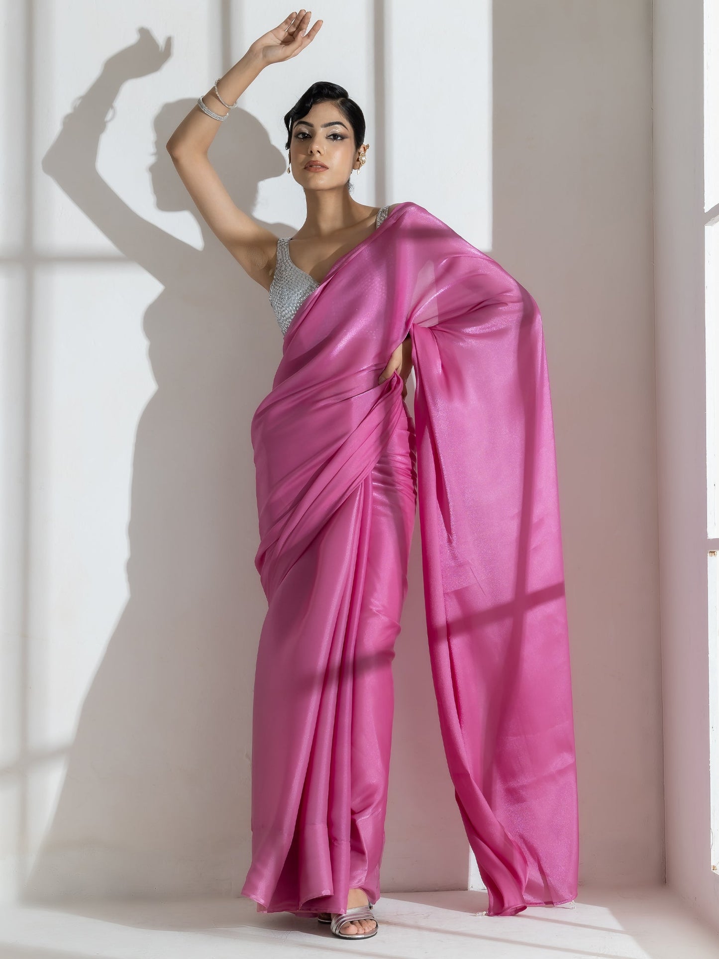 Dhiyona ST Onion Pink Silky Organza Saree with Beads and Self Blouse Fabric