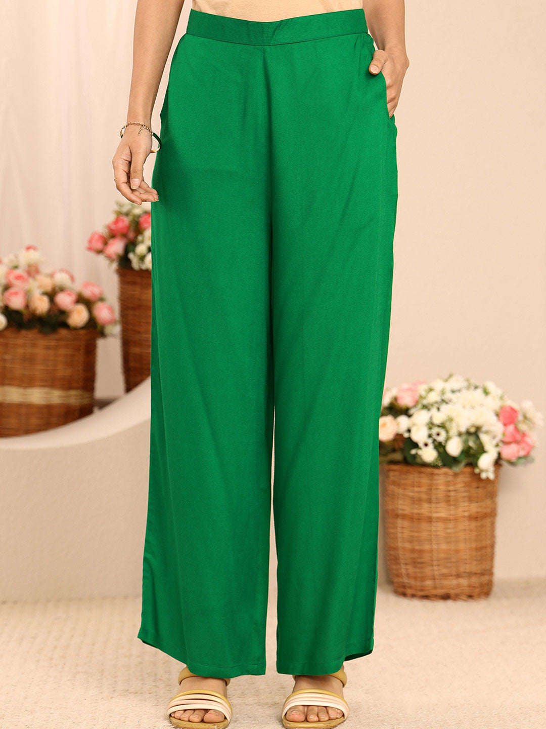 Green Solid Solid Rayon A-Line Kurta Set