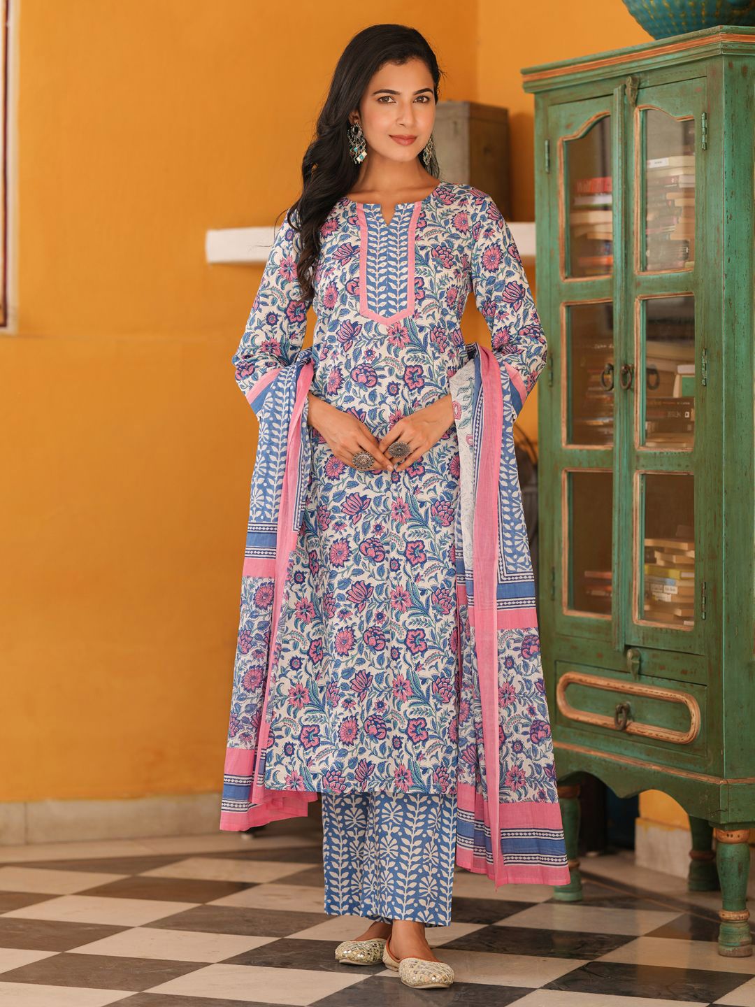 Dhiyona RR Women's Floral Printed Cotton Straight Kurta with Trousers & Dupatta