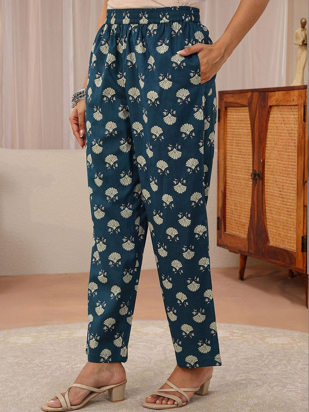 Blue Floral Printed Cotton Straight Suit Set