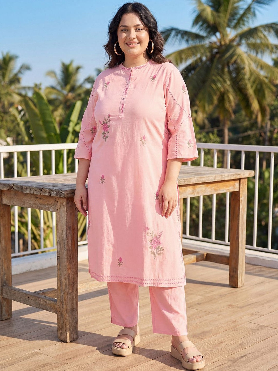Plus Size Pink Embroidered Straight Kurta Trousers Set
