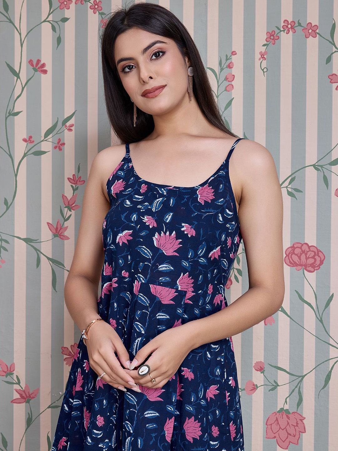 Dhiyona OD Floral Printed Shoulder Straps Anarkali Pure Cotton Kurta
