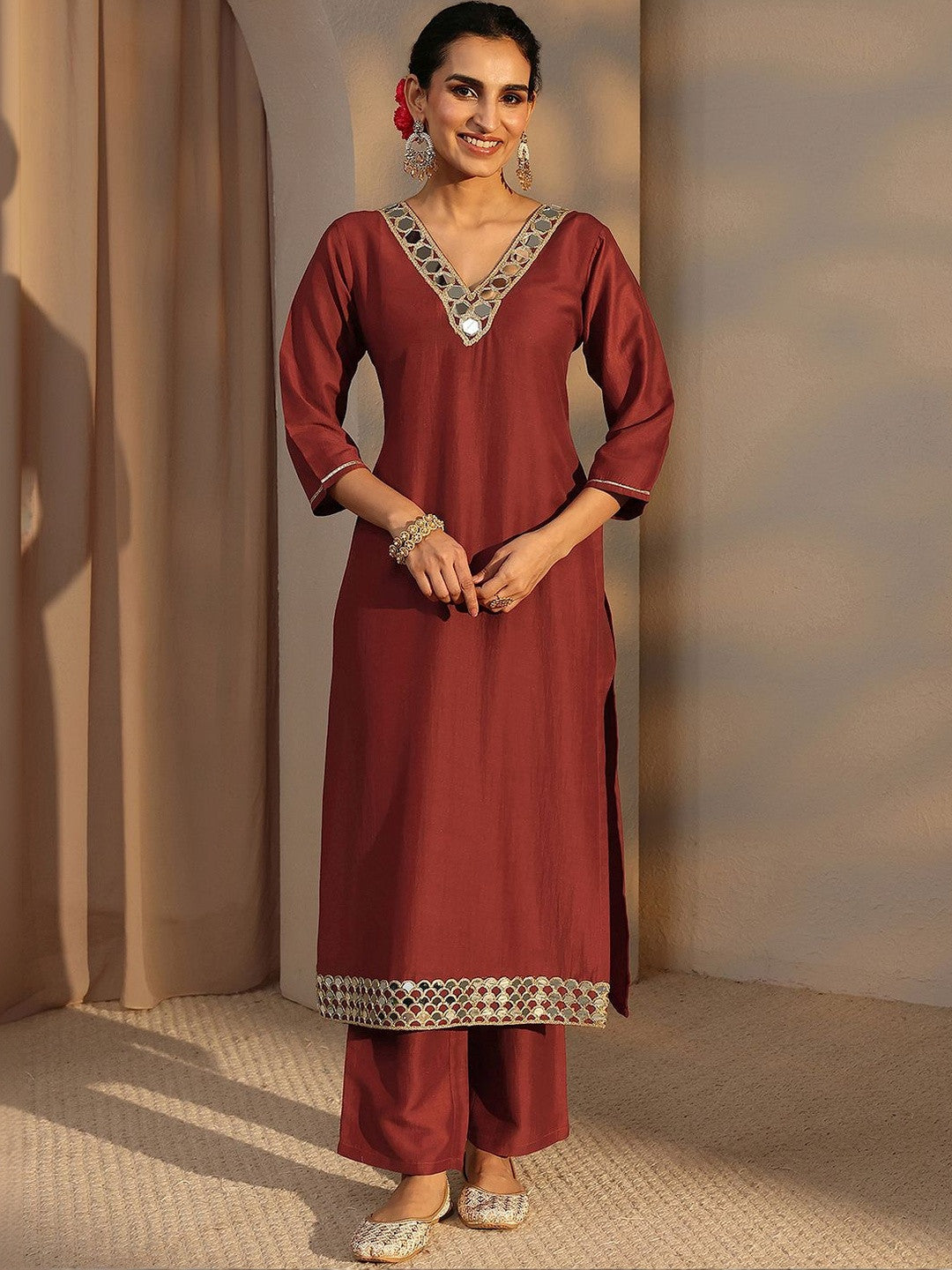 Rust Embellished Straight Kurta Set