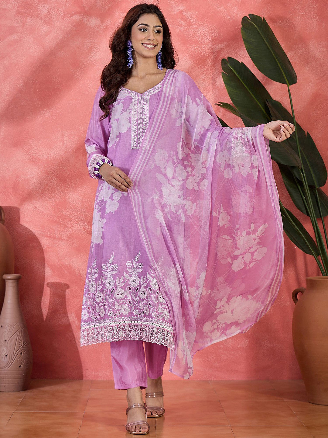 Floral Printed V-Neck Pure Silk Straight Kurta With Trousers And Dupatta