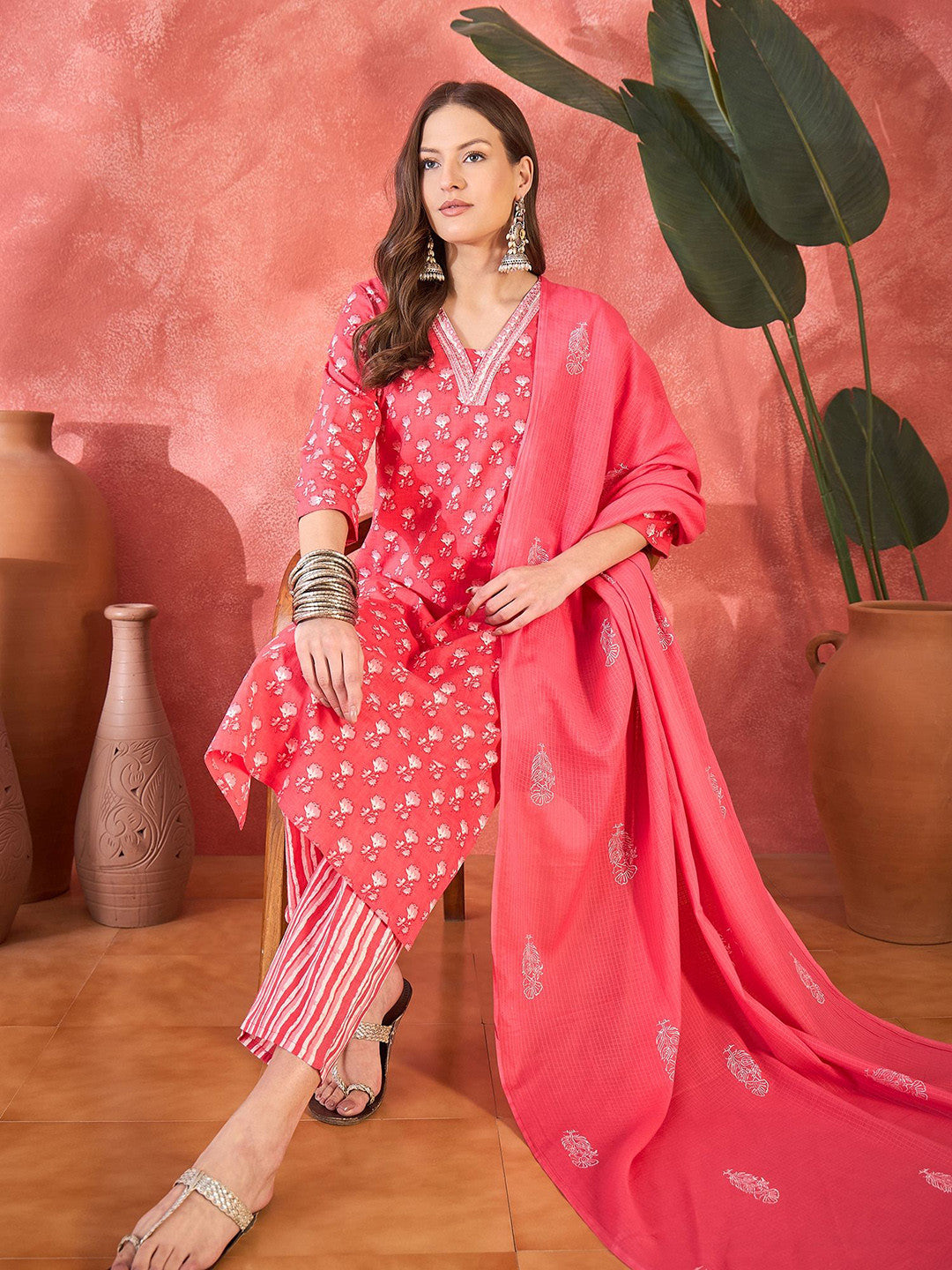 Embroidered Pure Cotton Straight Kurta With Trousers & Dupatta