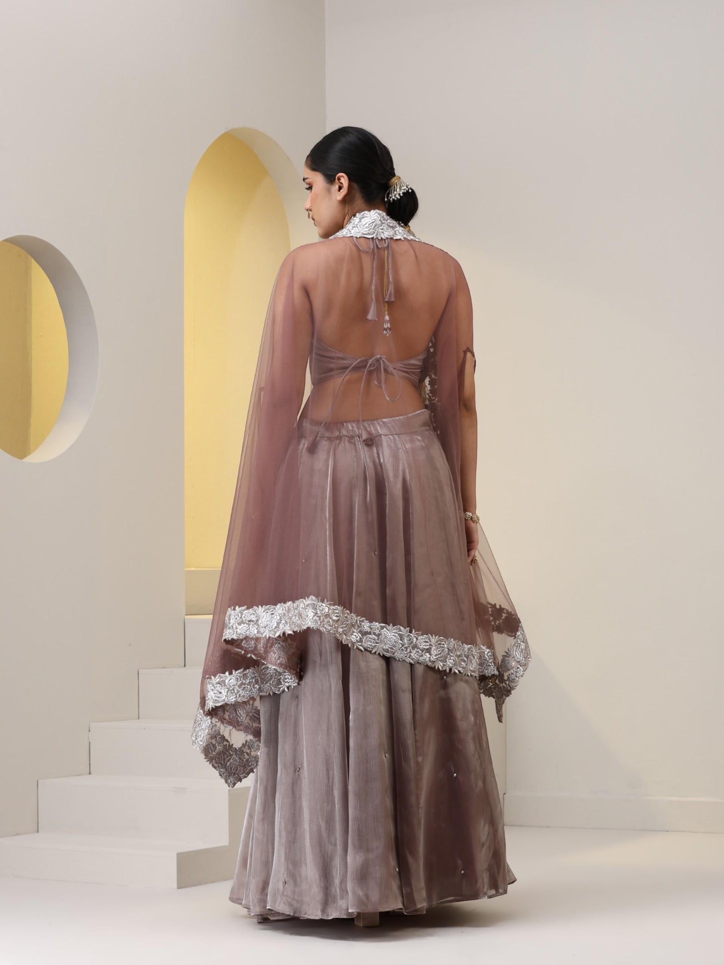 Dhiyona ST 3 pc SET - Rose Pearl Lehenga ,Blouse Fabric with Diamond studs, and Net dupatta with Lace