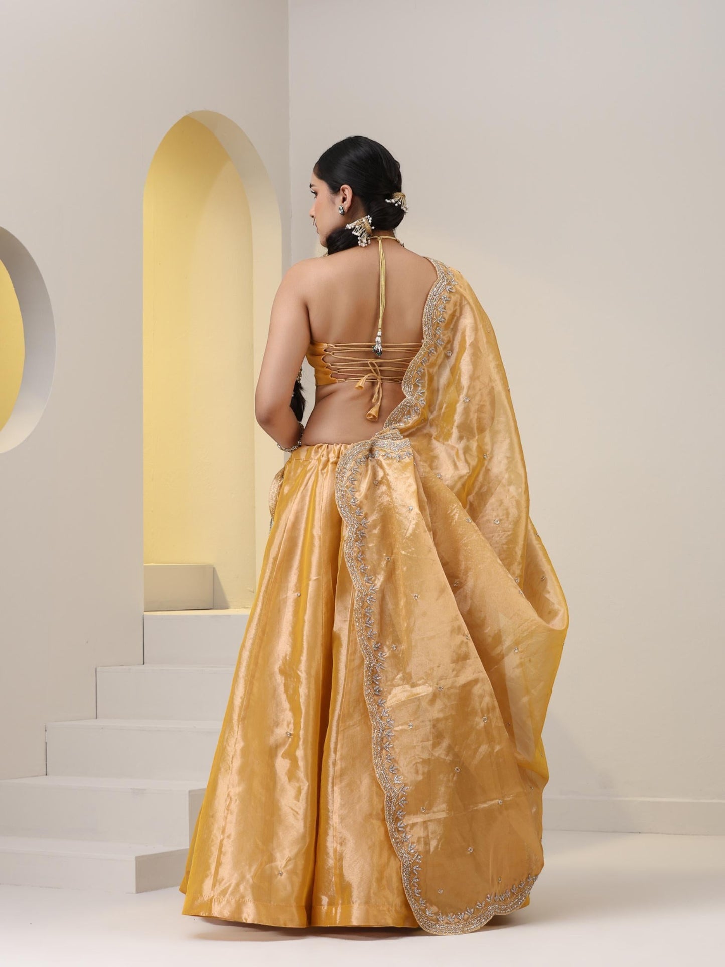 Dhiyona ST 3 pc SET - Haldi Banaras Tissue Beaded Lehenga with Cut Dana Embroidered Dupatta and Blouse Fabric