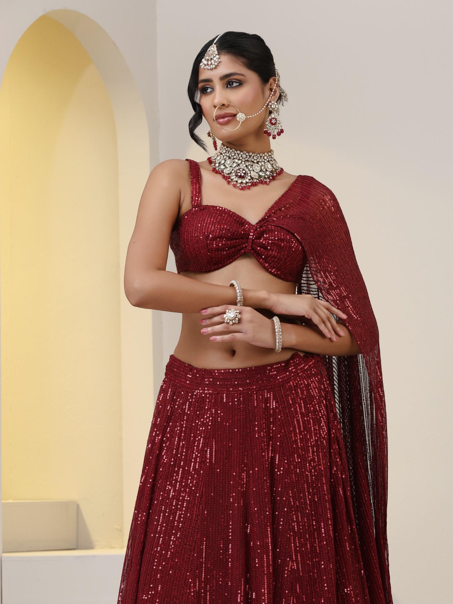 Dhiyona ST 2 pc SET - Maroon Knit Sequined Lehenga with Blouse with Dupatta