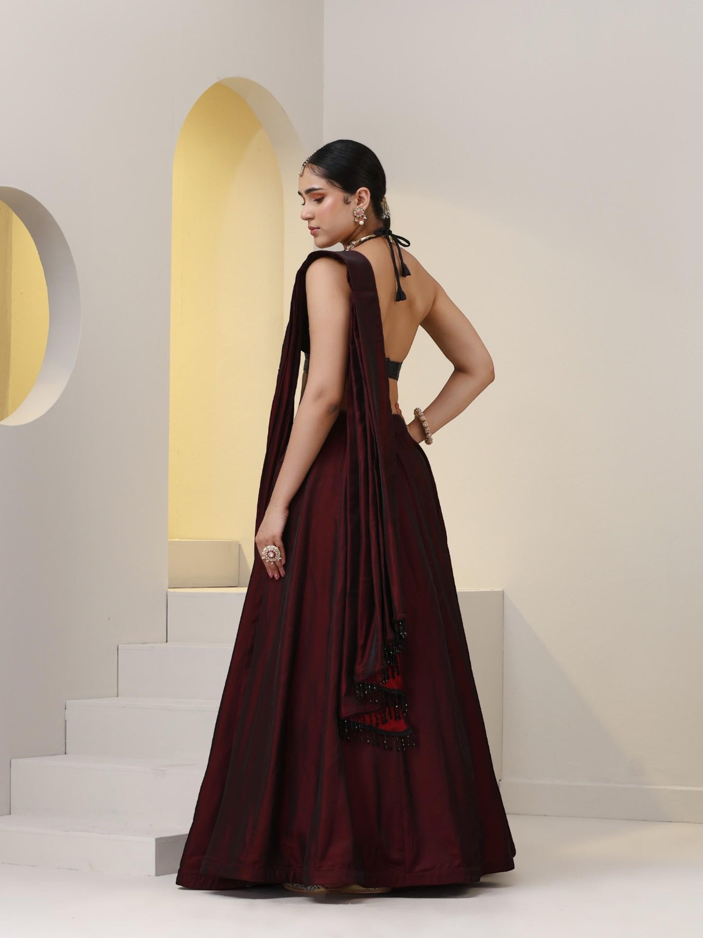 Dhiyona ST Rosewood Satin Skirt saree with Waterfall pallu and Black Sequin Blouse Fabric