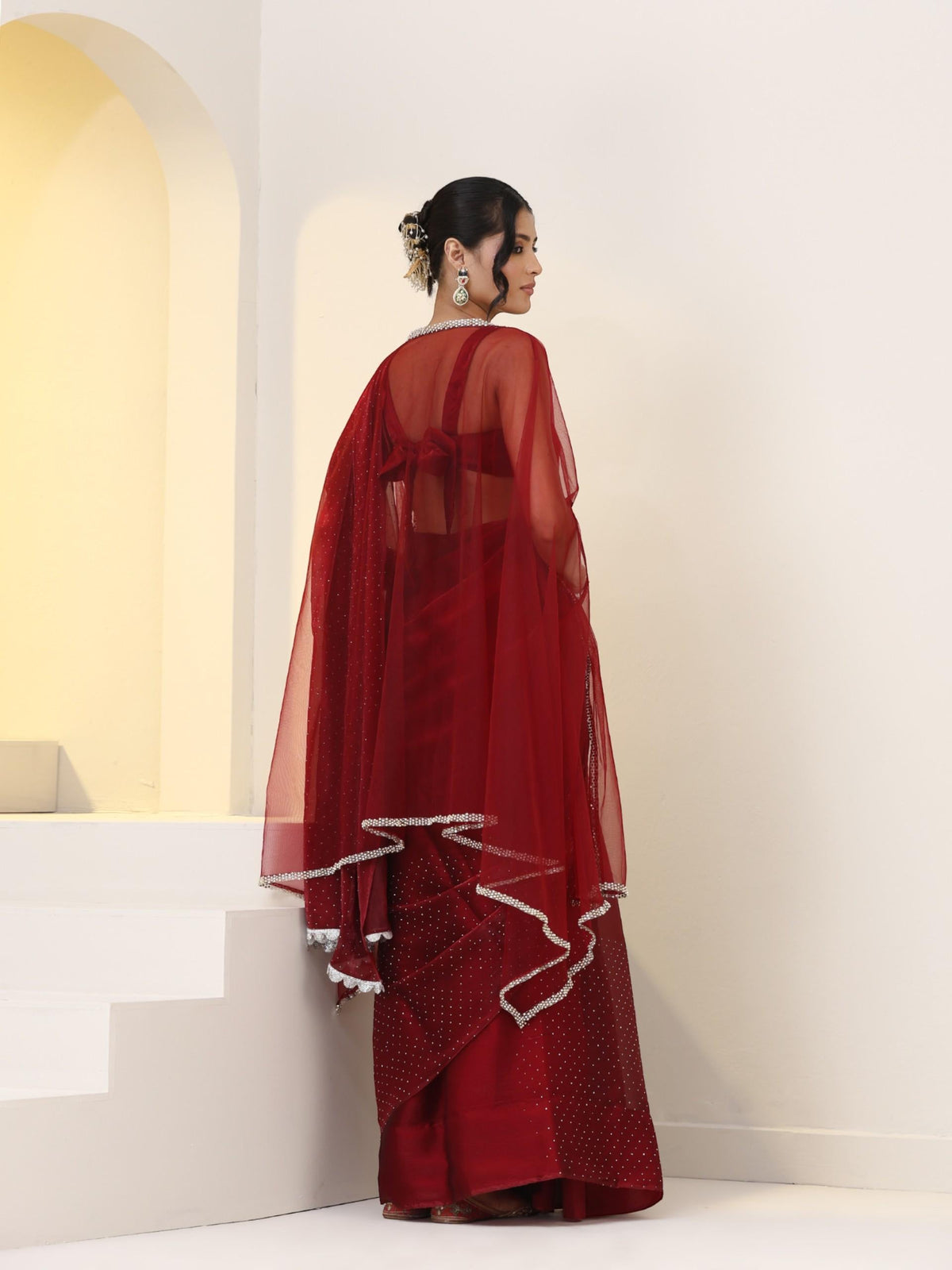Dhiyona ST Maroon Swarovski style Saree with Lace and Blouse Fabric