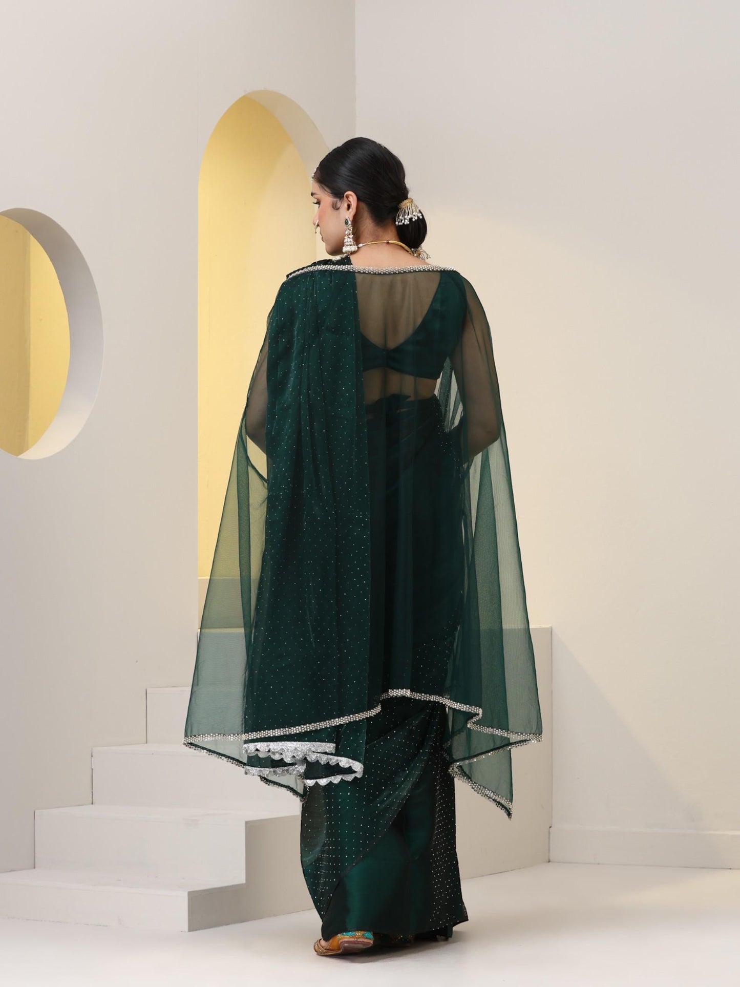 Dhiyona ST Emerald Swarovski style Saree with Lace and Blouse Fabric