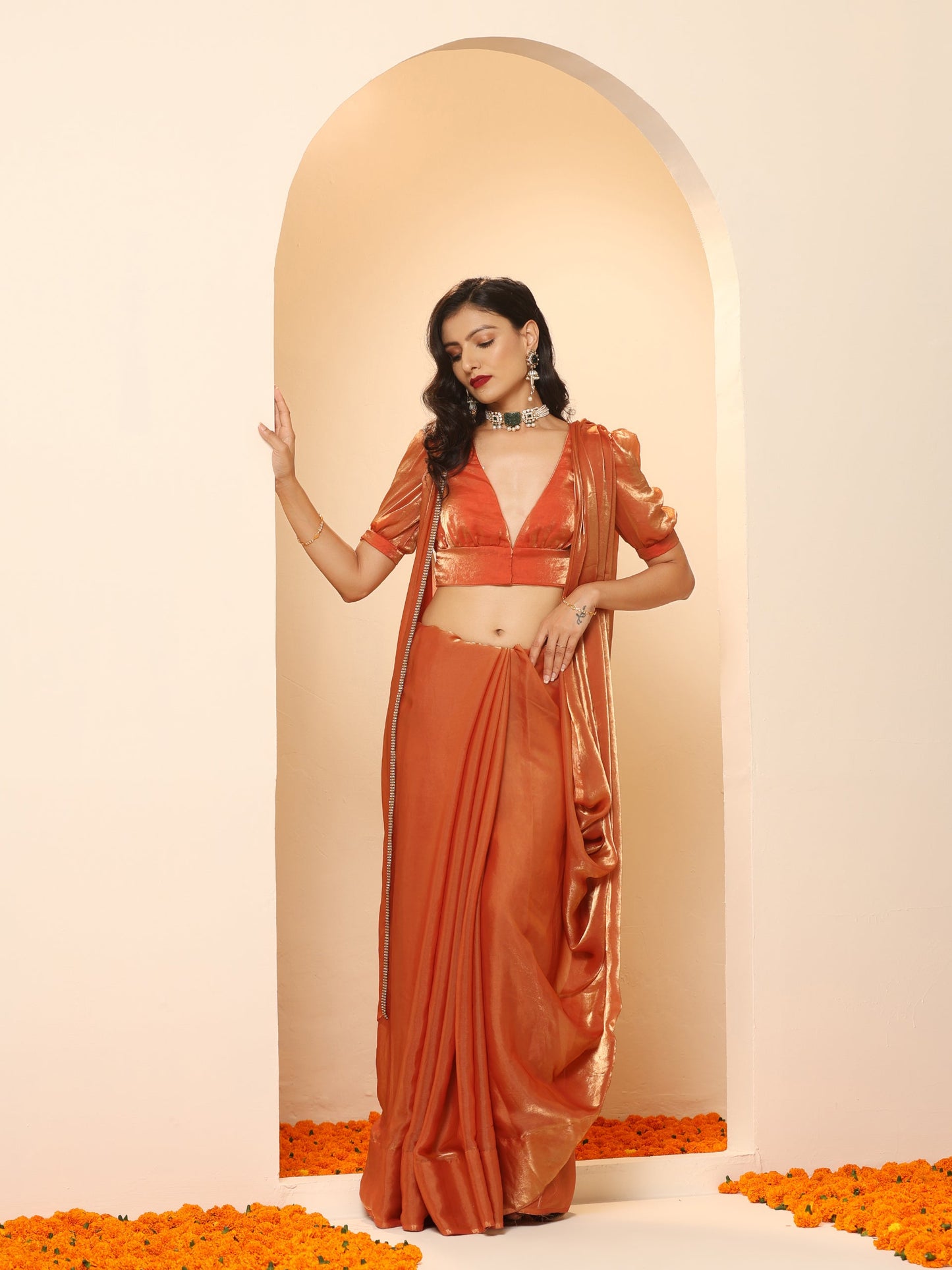 Dhiyona ST Copper Age Metallic Satin Saree with Blouse Fabric