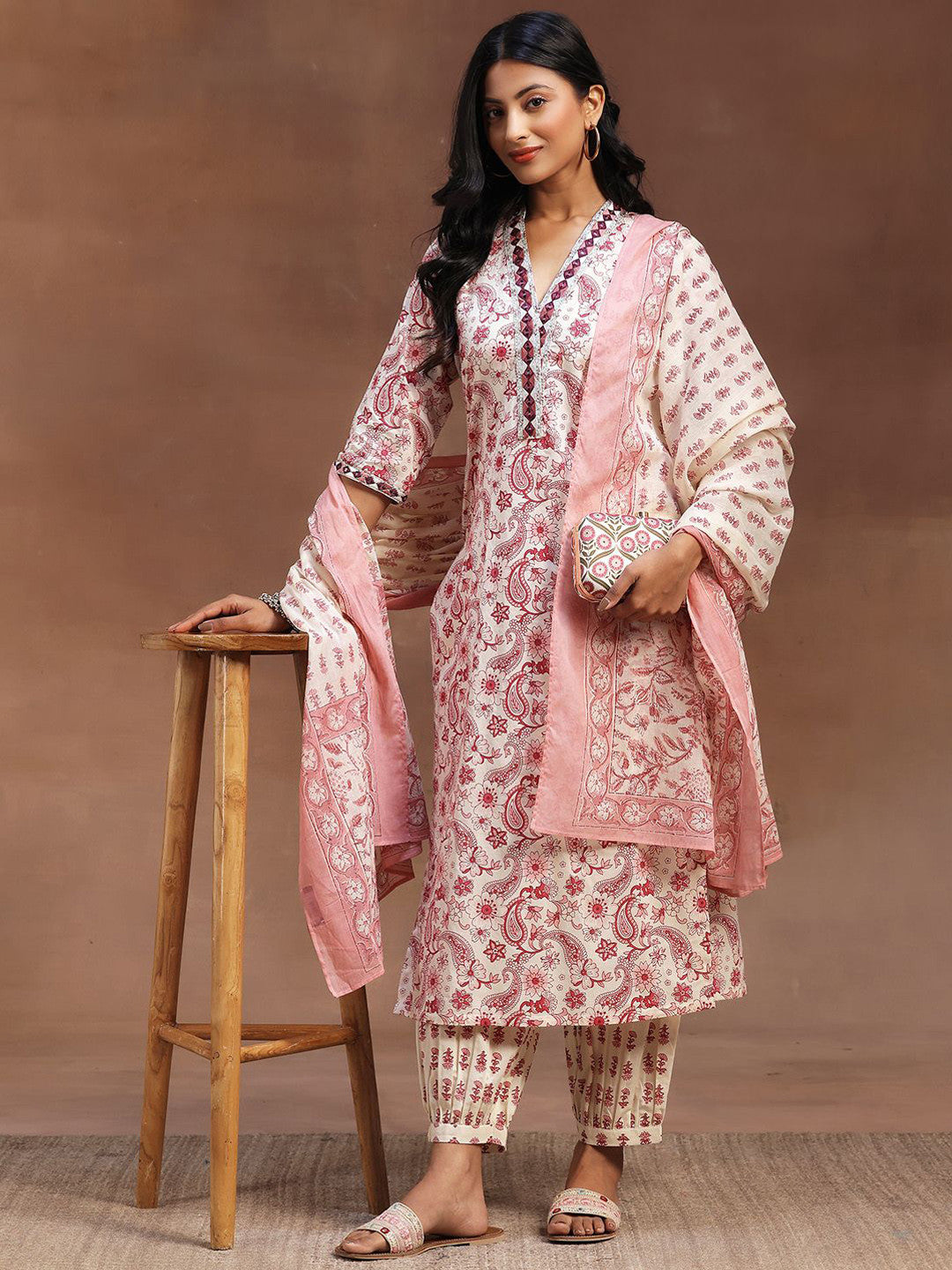 Floral Printed V-Neck Sequinned Pure Cotton Straight Kurta with Salwar & Dupatta