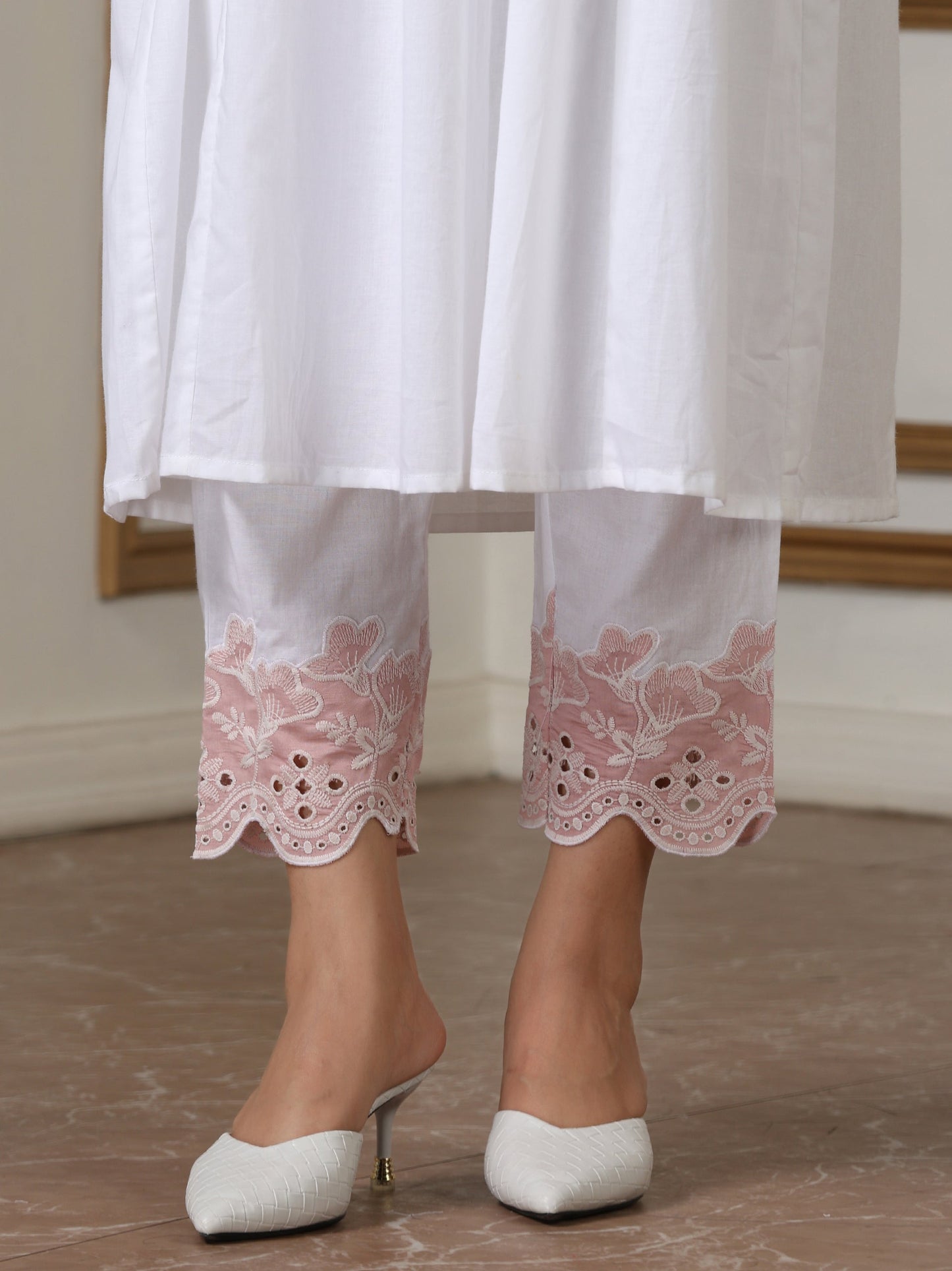 Dhiyona ST Women’s White Pink Schffli Kurta | 1 Pc, Schiffli Swiss Embroidery on Sleeve, Work Wear, Casual (100% Cotton Cambric Extra Soft Breathable Fabric)