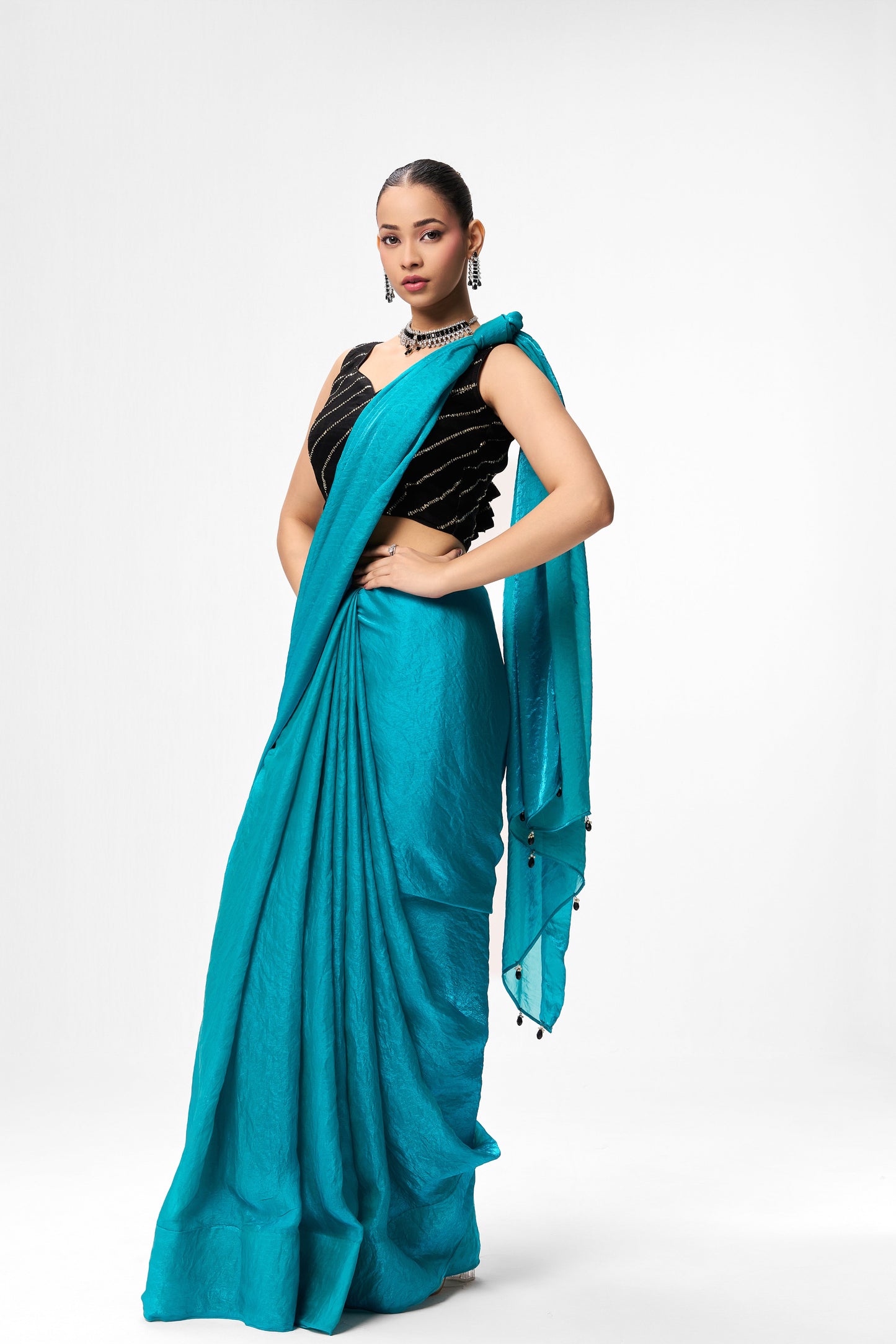 Dhiyona ST With Readymade Blouse - Azure Blue Metallic Satin Saree with Black Sequin Readymade Blouse