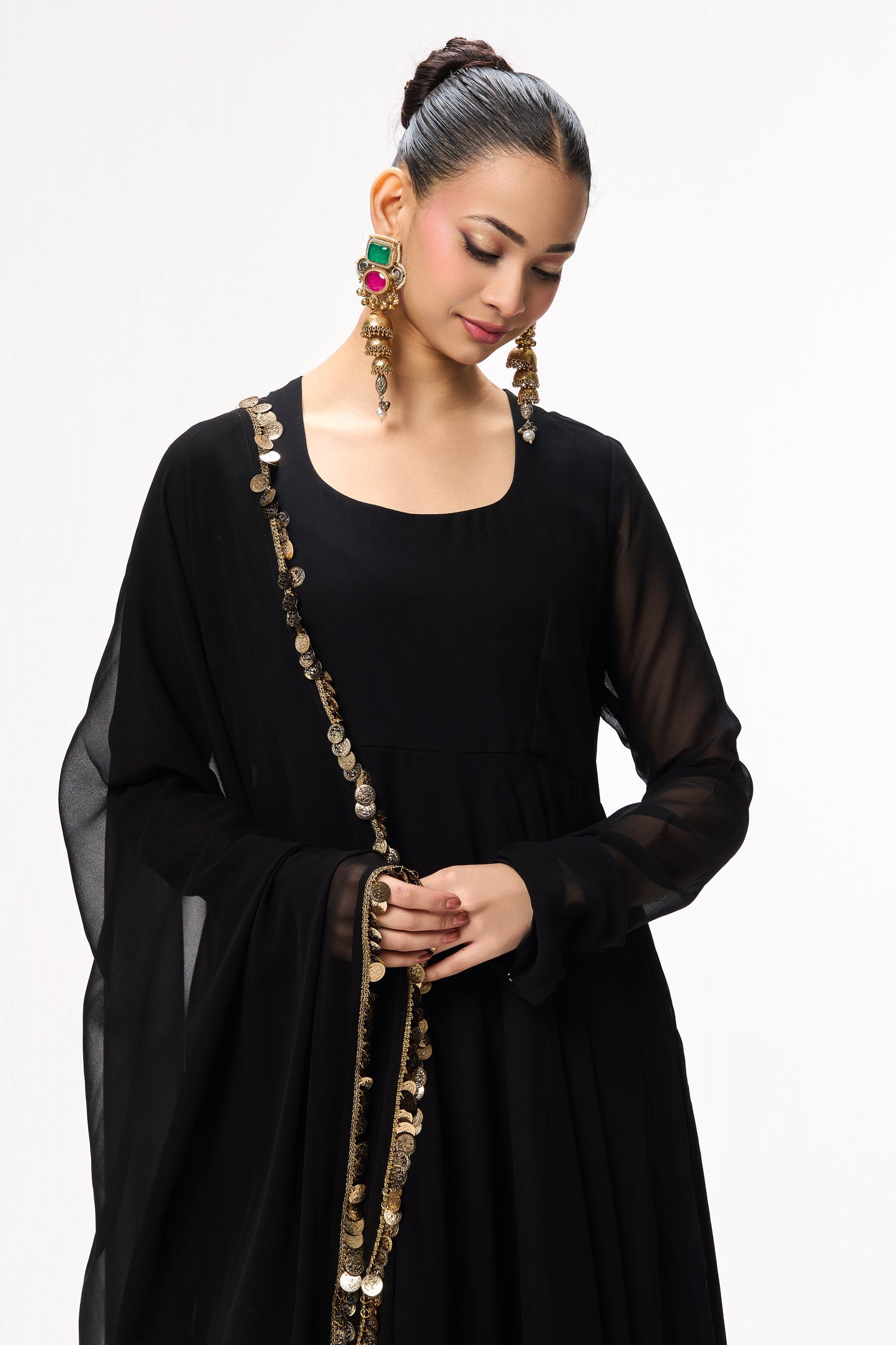 Dhiyona ST 3 pc Suit Set - Black Magic Georgette Long Sleeve Anarkali Suit with Pants and Dupatta