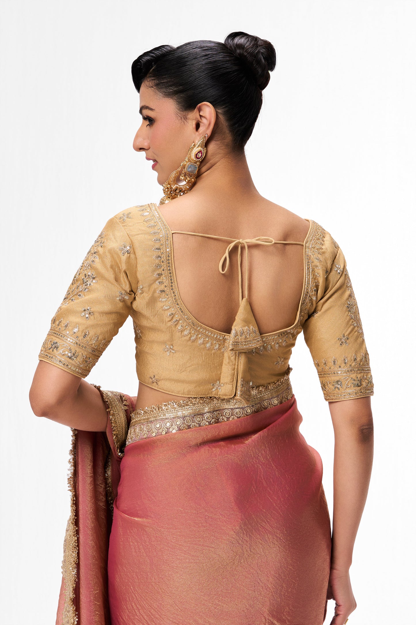 Dhiyona ST With Readymade Blouse - Dusky Peach Gold Metallic Chiffon Saree with Border and Sabya Cream Embroidered Stitched Blouse