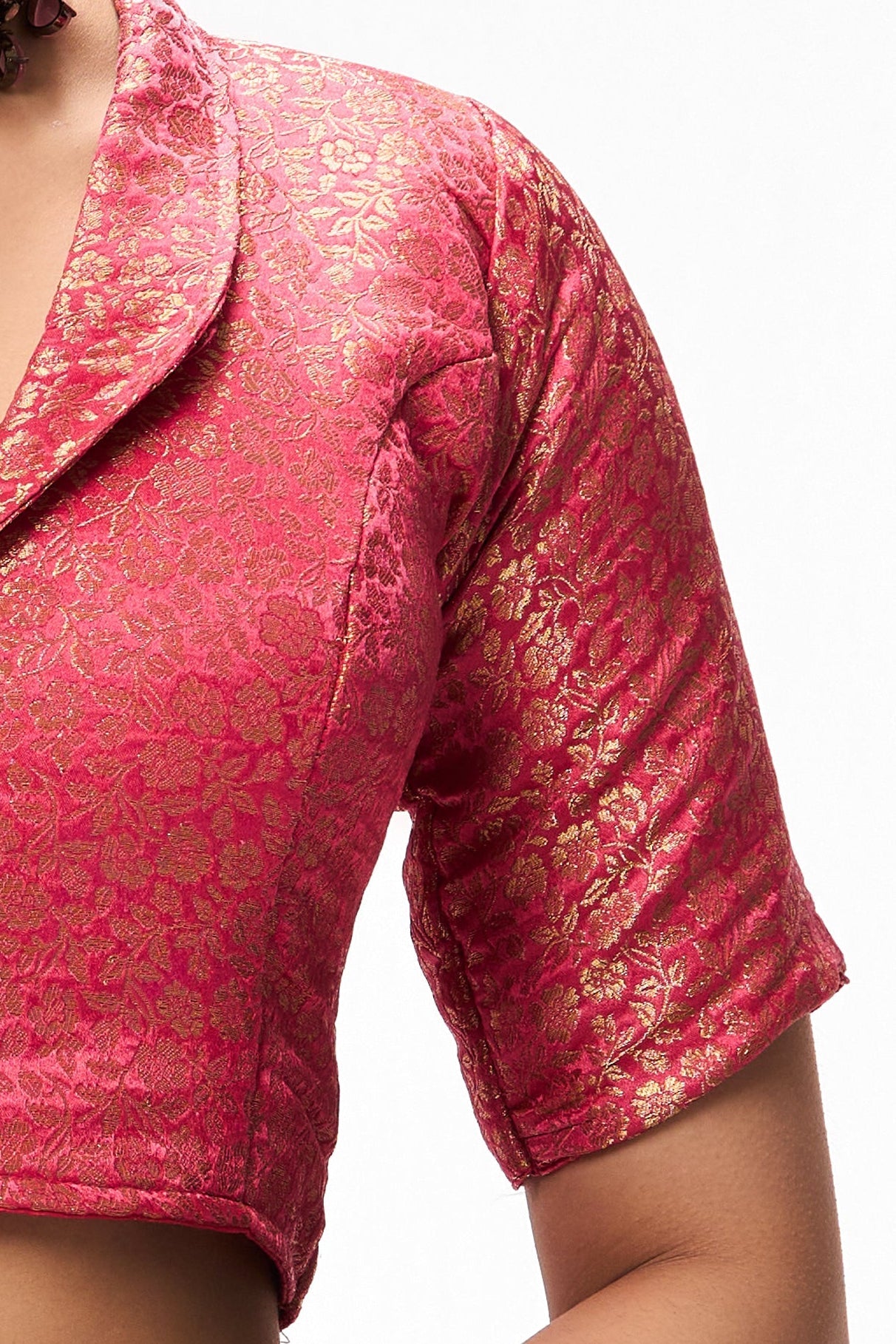 Dhiyona ST With Readymade Blouse - Light Blue Pink Textured Chiffon Saree with Pink Jacquard Collar Readymade Blouse