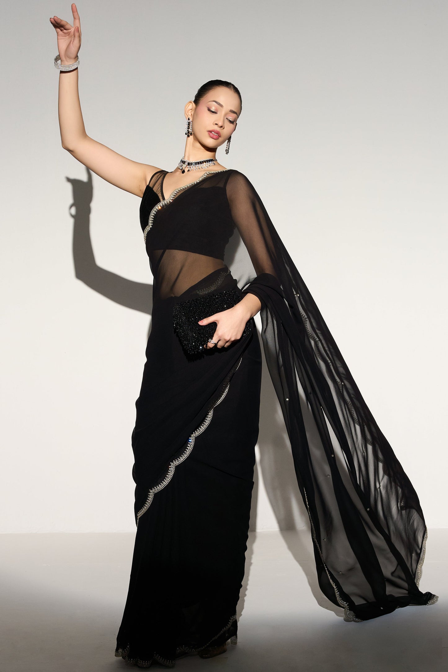 Dhiyona ST Ebony & Ivory Georgette Saree With Beaded Border and Self Fabric Blouse Fabric