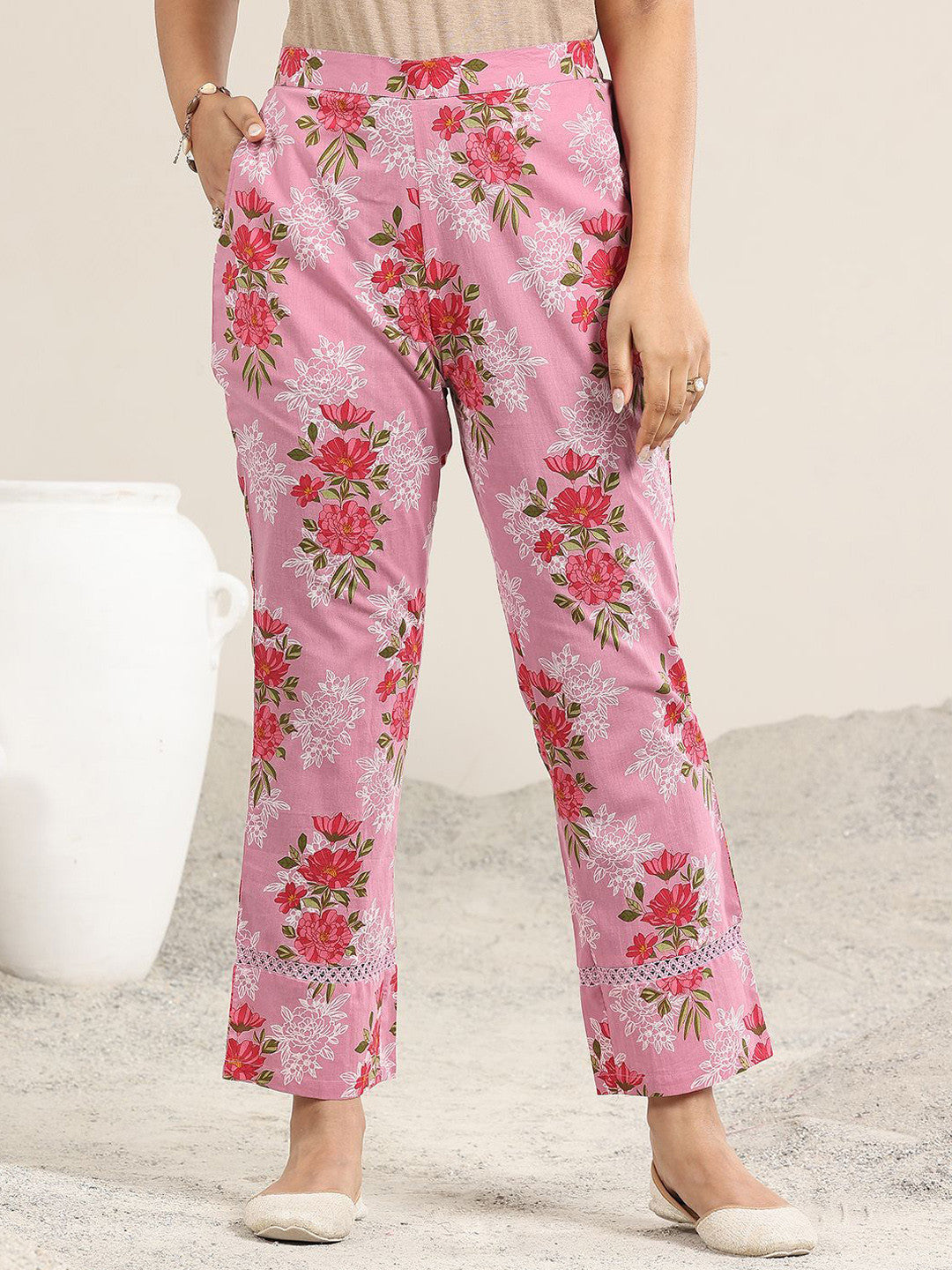 Floral Printed Round Neck A-line Kurta With Trousers