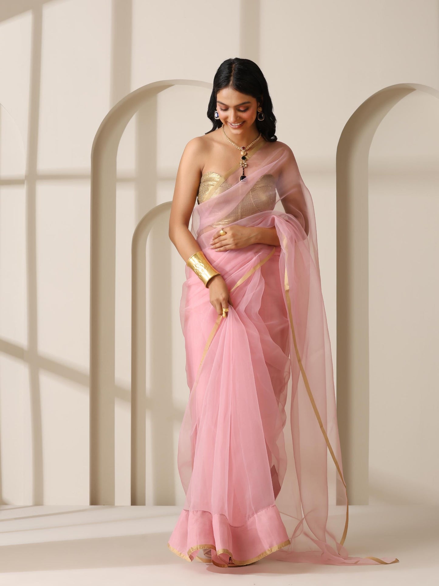 Dhiyona ST Pink Cloud Organza Saree with Blouse Fabric