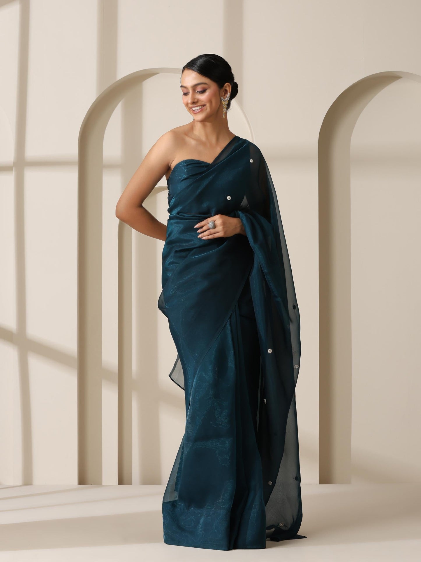 Dhiyona ST Prophecy Blue Shimmer Chiffon Saree with Beads and Self Fabric Blouse