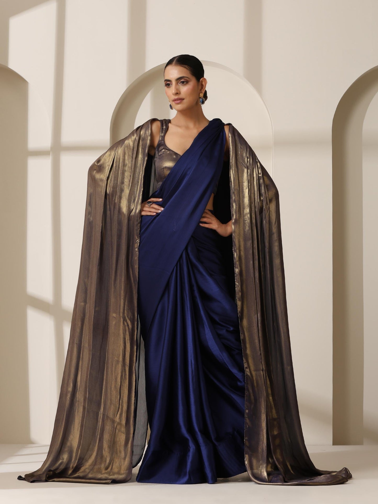 Dhiyona ST Royal Blue Chiffon Saree with Blue Gold Blouse Fabric
