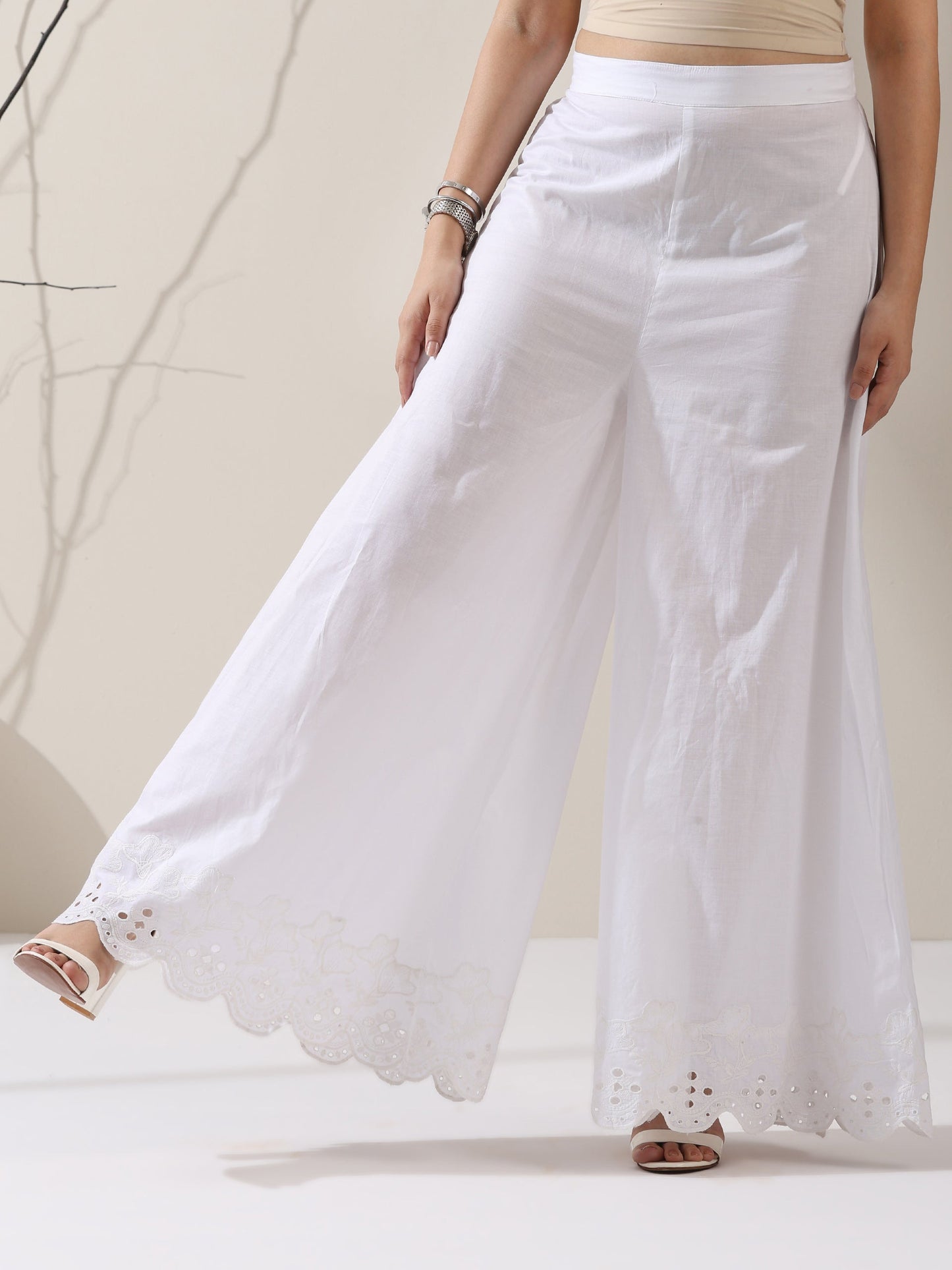 Dhiyona ST Women's White AirSkin Halter Schiffli Kurta with Schiffli Palazzo | 2 Pc Set, Lightweight Embroidered Co-ord, Elegant Summer Wear