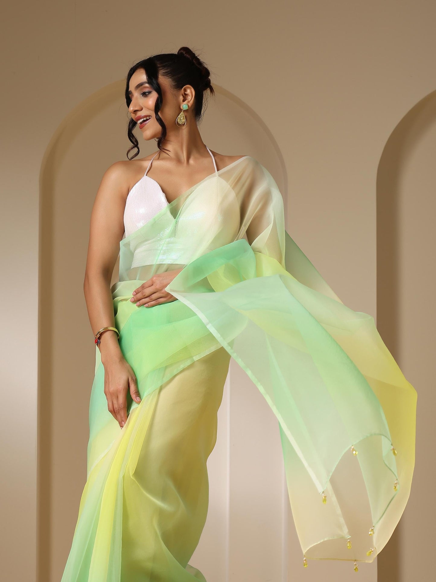 Dhiyona ST Tulip Yellow Green Organza Ombre Printed Saree