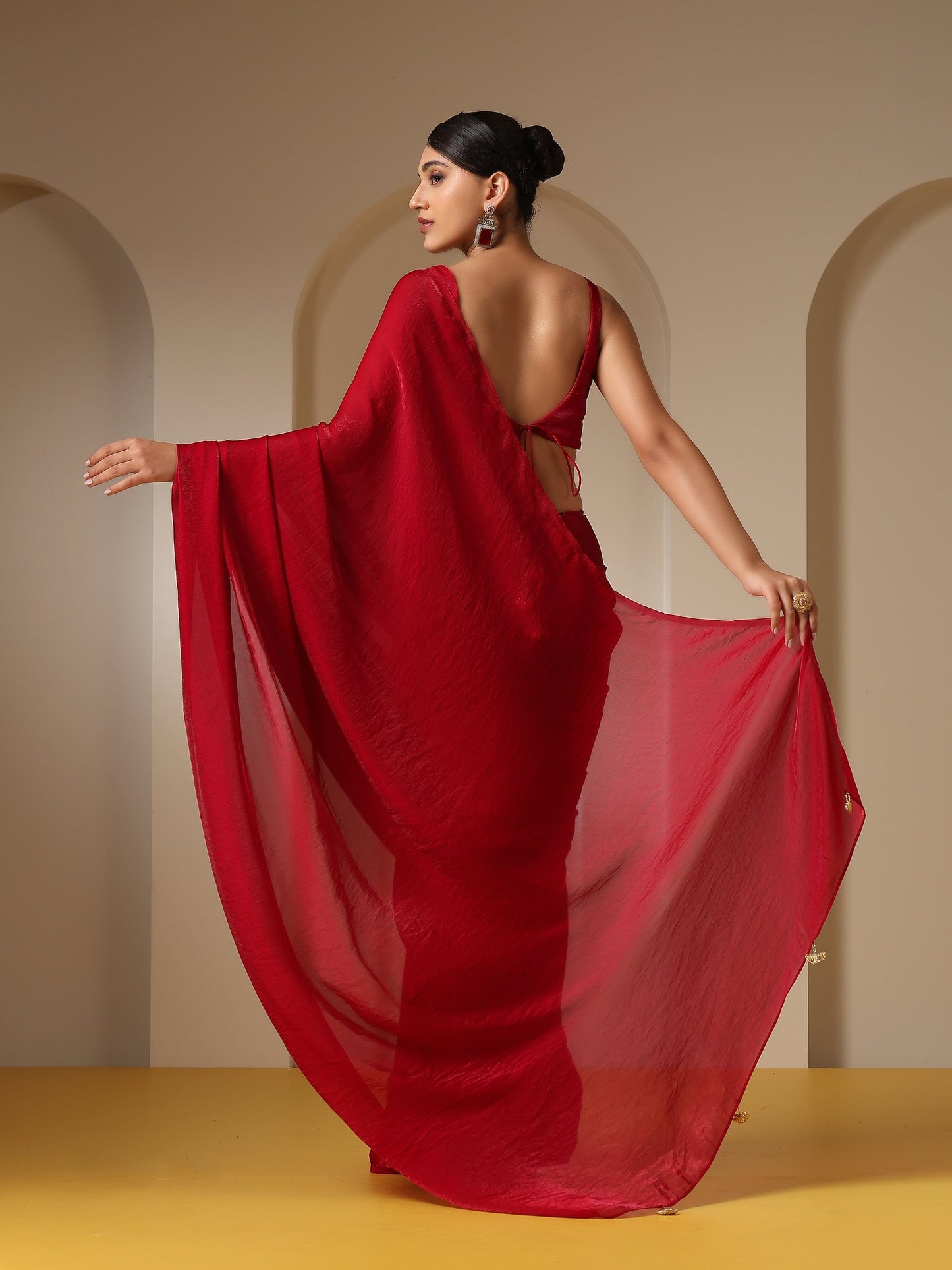 Dhiyona ST Metallic Fuchsia Red Satin Saree with Pendants and Self Blouse Fabric