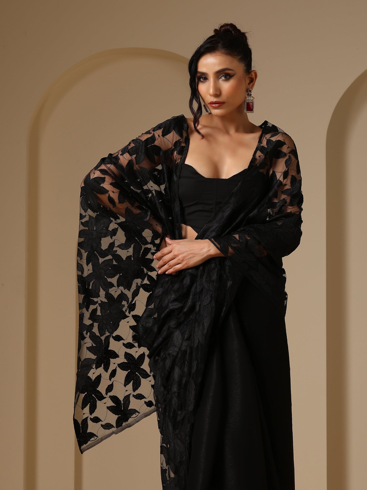 Dhiyona ST Night Bird Net Saree with Blouse Fabric