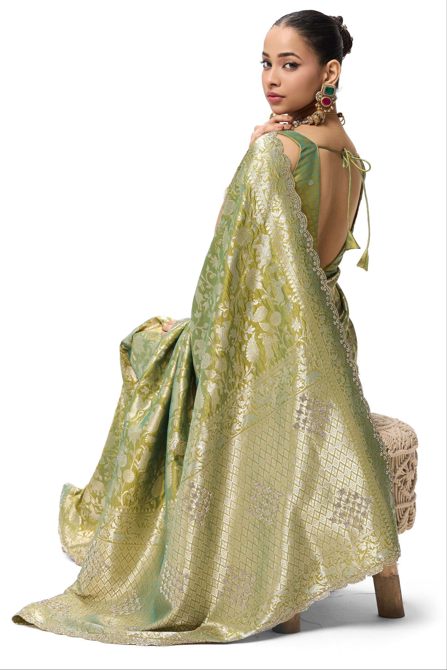 Dhiyona ST Cash Green Modern Heirtage Banarasi Saree with Diamonds with Blouse Fabric