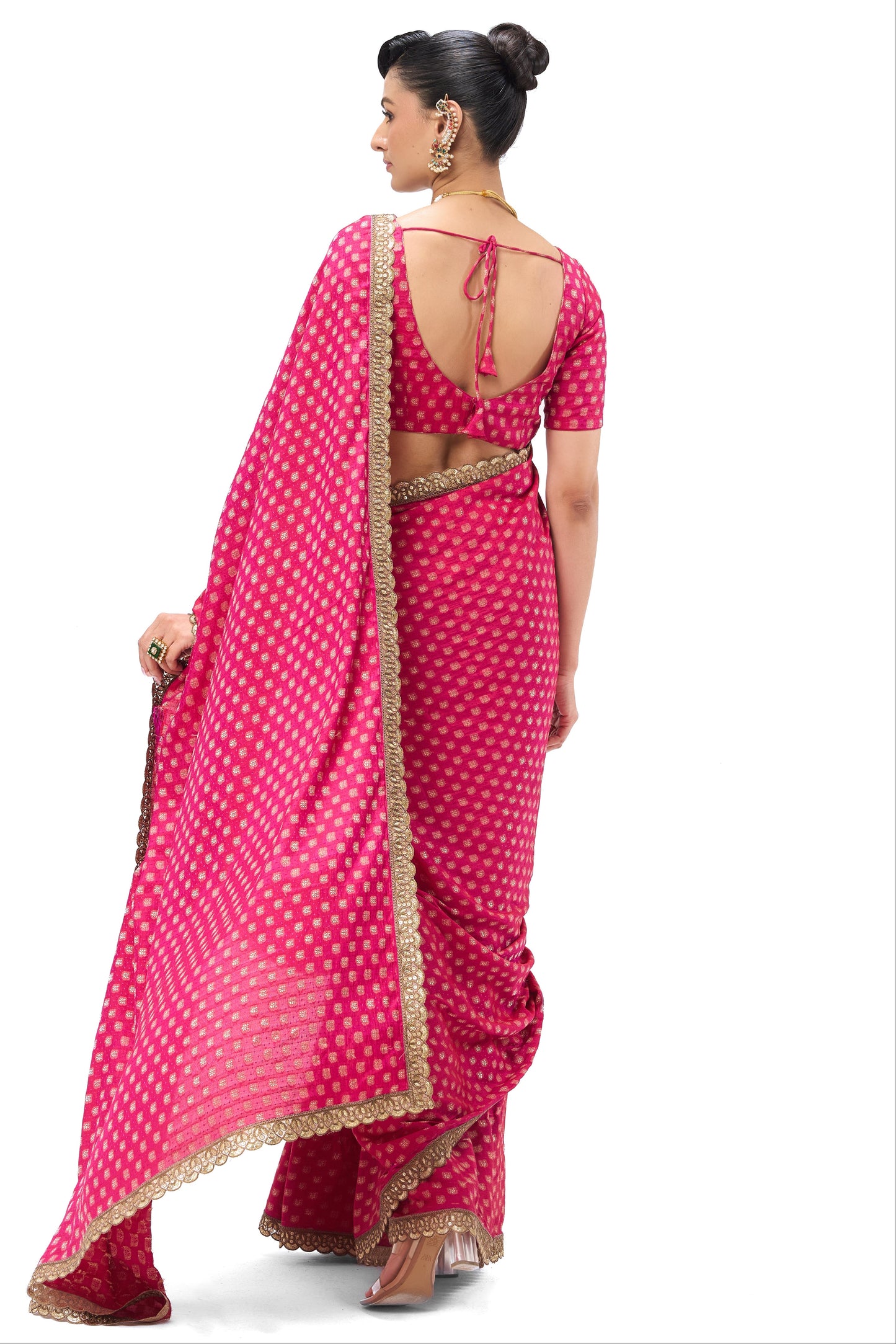 Dhiyona ST Pink Woven silk all over lace saree with Blouse Fabric
