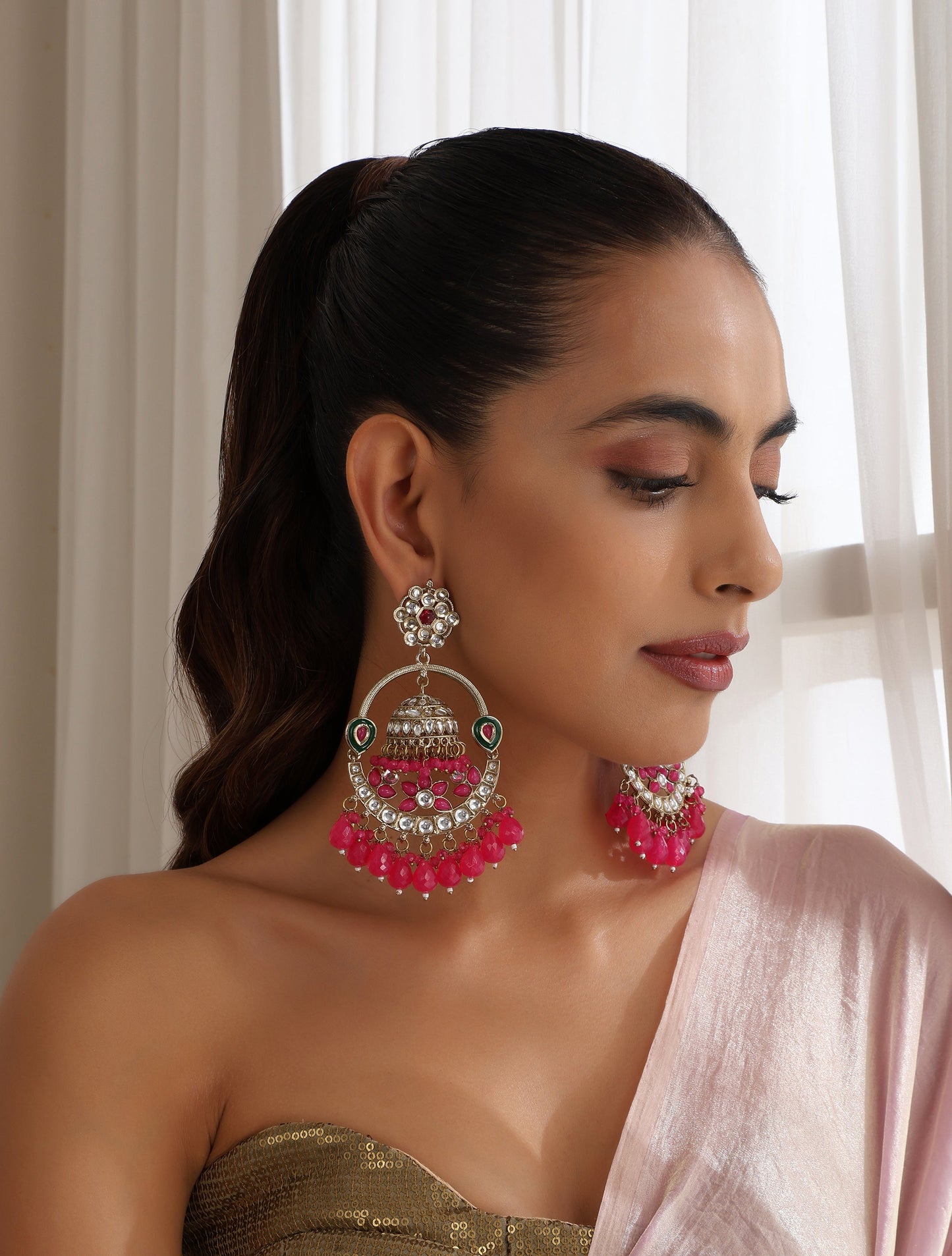 Dhiyona ST Rani Color Round Kundan Jhumka Earrings
